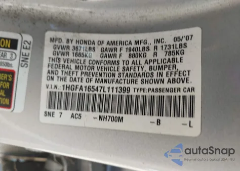 2007 Honda Civic Lx from USA, damaged, VIN 1HGFA16547L111399